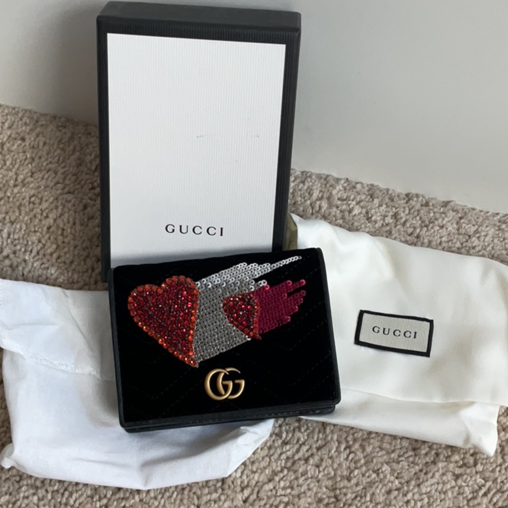 New Gucci limited edition marmont black velvet MINI wallet with crystals